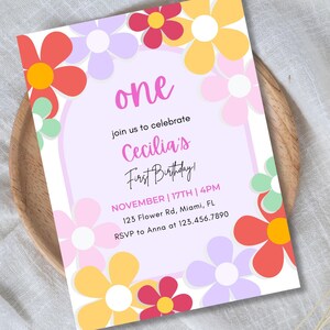 Floral Birthday Invitation, Girl Flower Birthday Party Invite, Colourful Flowers, Editable Canva Template, RD0001