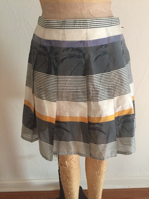Gray Ivory Gold Striped Woven Palm Tree Sheer Silk