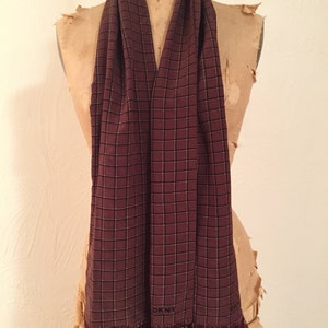 Mauved Russet with Black and Khaki Plaid Vintage DKNY Menswear for Women Long Silk Coat Scarf Annie Hall