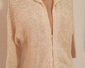 Pastel Carnival Sequins on Ivory Vintage GENE SHELLY Open Weave Fine Knit Rolled Coller Hook Front Sweater M