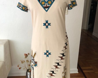 Turquoise Brown Gold Royal Hawaiian Print on Cream Polyester V-neck Vintage MISS SHAHEEN Short Sleeve Dress S