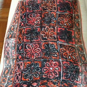 Bright Red Orange and Black Mod Floral VERA Sheer Long Silk Scarf