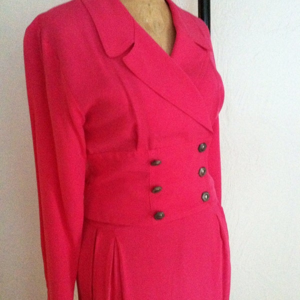 Neon Pink Vintage SILVER CONNECTION by Dorothy Schoelen Rayon Military Double Breasted Jacket Long Skirt Party Suit XS