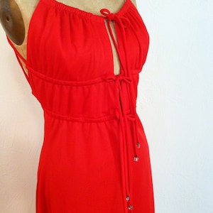 Clear Glass Beads Drip from Bodice Ties in this Bright Red Vintage JACK HARTLEY Racerstrap Low Back Disco Gown S/M