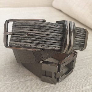Schwarz Silber grau moderne Metall Leder Vintage SIMON Trouser Gürtel EUC Spanien große