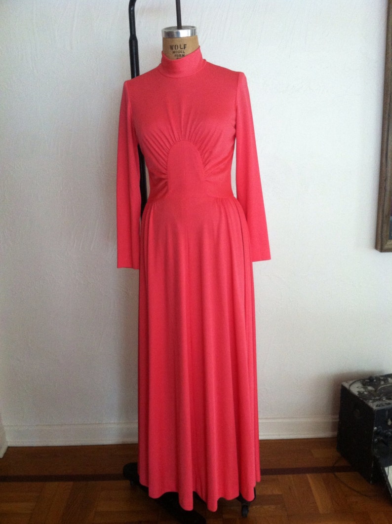 Deep Salmon Circle Gathered Waist Vintage ALISON AYRES Jersey High Neck Gown S