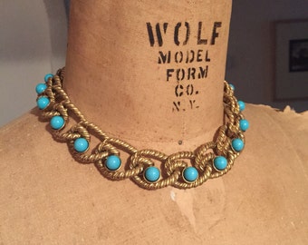 Rich Twisted Matte Gold Large Link Chain Turquoise Bead Vintage KENNETH LANE Toggle Closure Choker Necklace