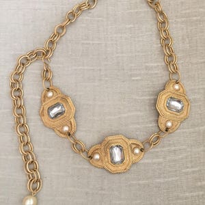 Cast Gold Metal Medallion Vintage ACCESSOCRAFT Beveled Rhinestone and Pearl Cabochon Accented Chain Belt