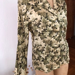 Buttery Celery Olive Maple Leaves Silk Vintage VALENTINO Miss V French Cuff Blouse with Cufflinks 8/42
