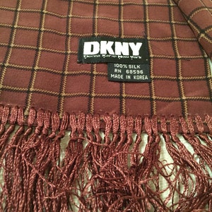 Mauved Russet with Black and Khaki Plaid Vintage DKNY Menswear for Women Long Silk Coat Scarf Annie Hall image 3