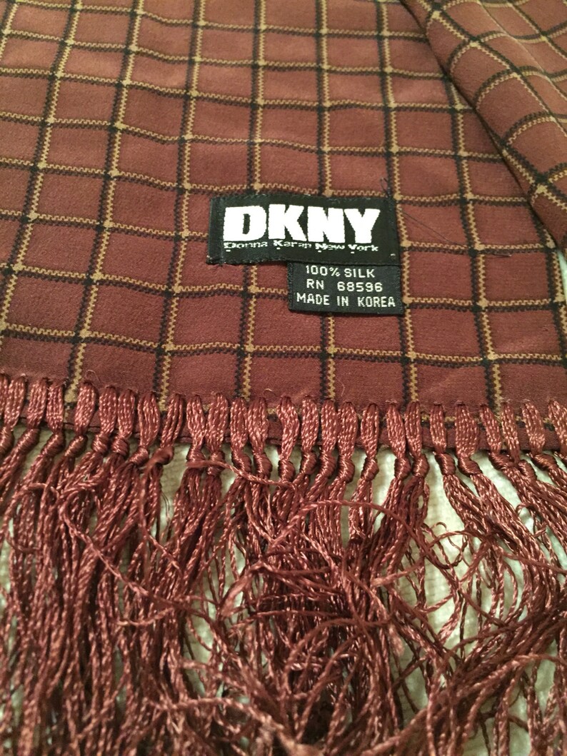 Mauved Russet with Black and Khaki Plaid Vintage DKNY Menswear for Women Long Silk Coat Scarf Annie Hall image 3