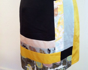 Mod Yellow Sky Blue Black Floral Silk Velvet Patchwork Vintage CHRISTIAN LACROIX Skirt 38