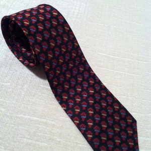 Diagonal Red Bunches with Blue and Yellow Bands on Black Vintage CHARVET V Woven Silk Necktie
