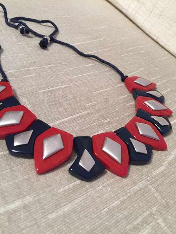 Rich Heavy Carved Red and Blue Lucite with Silver 