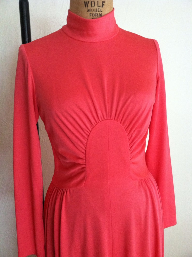 Deep Salmon Circle Gathered Waist Vintage ALISON AYRES Jersey High Neck Gown S