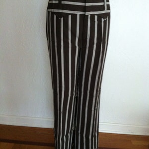 Mod Ivory Stripe on Chocolate Brown Vintage Women&#39;s Wide Waistband Pants M