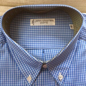 Medium Blue and White Check Cotton JOHN CHARLES Vintage Button Down Collar Dress Shirt  - XL