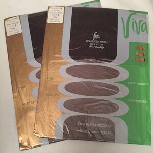 May include: Two packages of Viva brand seamless mesh pantyhose in off black. The packages are gold and green with the text "Viva Seamless Mesh 100% Nylon First Quality" and "Reinforced Heel and Toe".