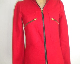 The Industrial Equestrian Vintage RAYMOND OF LONDON Red Wool Exposed Brass Zipper Front and Pockets Riding Jacket S