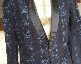 Rich Blue Black Batik with Flecks of Burgundy Vintage Satin Shawl Collar Men's Tuxedo Jacket M