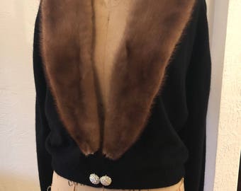 Rich Soft Brown Caramel Brown Collared Black Wool Vintage Sweater with Rhinestone Closure at Waist M