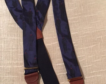 Vintage Red Bow Tie on English Gentleman Royal Blue Silk Vintage Leather Tabbed Braces USA