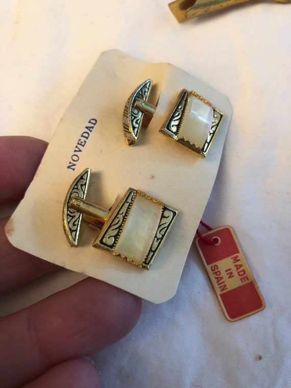 Faux MOP Vintage DAMASCENE Gold Tone Cufflinks wi… - image 3