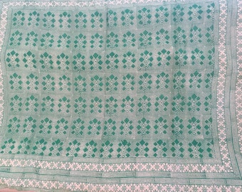 Bright Green on Winter White Indian Block IKAT Hand Print Soft Guaze Cotton Large Vintage ANNE KLEIN Scarf