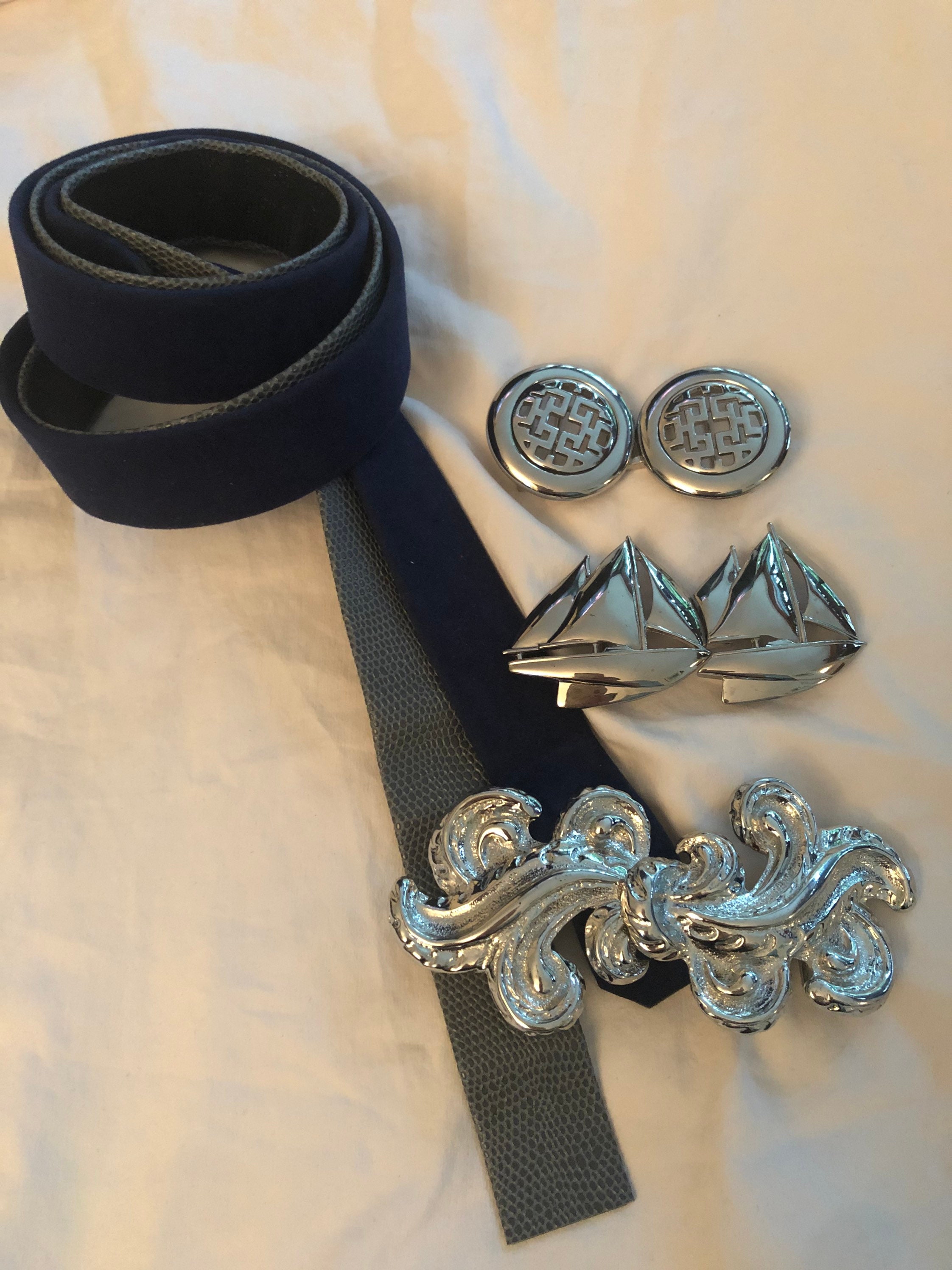 Mimi D Vtg Silver Shell Buckle Gray Belt. MIMI DIN 1988 silver tone shell shape belt buckle womens  main image 2