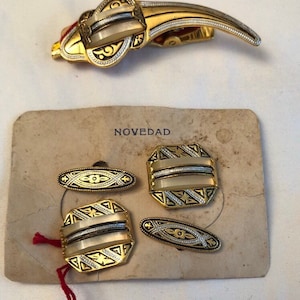 Faux MOP Accented Vintage Spanish DAMASCENE Cuff Links and Saber Tie Clip NOS