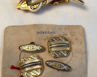 Faux MOP Accented Vintage Spanish DAMASCENE Cuff Links and Saber Tie Clip NOS
