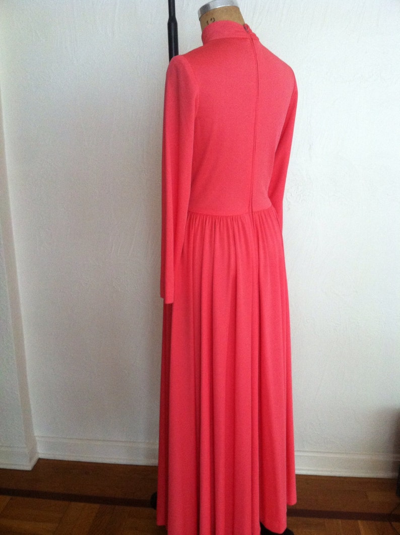 Deep Salmon Circle Gathered Waist Vintage ALISON AYRES Jersey High Neck Gown S