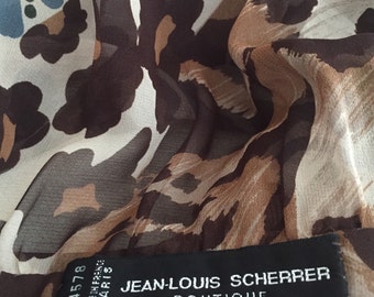 Lush Muted Turquoise Brown Big Cat Print meets Geometric Silk Long Open Back JEAN-LOUIS SHERRER Blouse S