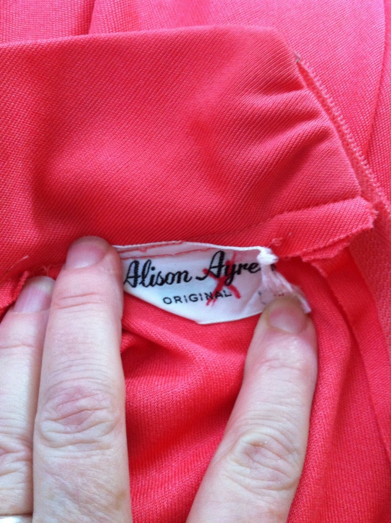 Deep Salmon Circle Gathered Waist Vintage ALISON AYRES Jersey High Neck Gown S