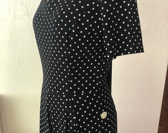 Fun White Polka Dotted Black Rayon Vintage D. FRANK Scoop Neck Faux Button Side Wide Leg Jumpsuit S