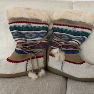 Fun Indian Blanket Ivory Goat Fur Vintage TECNICA Italy Après-ski Slouch Boots 39