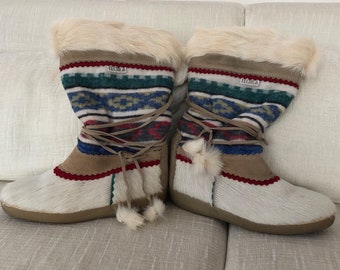 Fun Indian Blanket Ivory Goat Fur Vintage TECNICA Italy Après-ski Slouch Boots 39