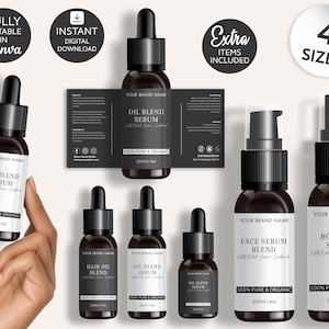 Puede incluir: Una colección de botellas de vidrio marrón oscuro con cuentagotas y etiquetas negras. Las etiquetas dicen "Oil Blend Serum", "Hair Oil Blend", "Face Serum Blend" y "Body Oil Spray". La imagen también incluye texto que dice "Totalmente editable en Canva" y "Descarga digital instantánea".