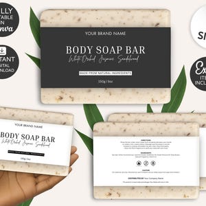 May include: Body soap bars with a white label that reads "BODY SOAP BAR White Orchid Jasmine Sandalwood" and "MADE FROM NATURAL INGREDIENTS". The soap bars are beige with visible natural ingredients. The image also includes text that says "3 SIZES" and "Extra ITEMS INCLUDED".