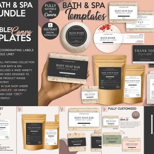 Puede incluir: Imagen promocional de un paquete de plantillas de baño y spa. La imagen presenta varios diseños de etiquetas de productos, incluyendo pastillas de jabón, bombas de baño y etiquetas de exfoliante corporal. Las etiquetas tienen un diseño minimalista con texto negro sobre fondo blanco o beige.
