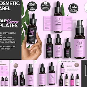 May include: Cosmetic label templates for oil dropper bottles, face serums, and body mists. The design includes four sizes and is fully editable in Canva. The labels feature the text "Blush Glow" in a stylish font, with a black bottle and pink accents.