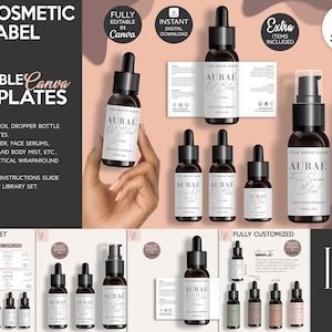 May include: Cosmetic label templates for oil droppers, face serums, and body mist. The image shows various dark brown bottles with black droppers and white labels. The labels read "AURAE Oil Blend" and "Face Serum Blend".