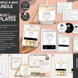 Puede incluir: Un paquete de plantillas editables de Canva para velas y ceras perfumadas. La imagen muestra una vela encendida, ceras perfumadas y varios diseños de etiquetas. Las etiquetas dicen "AURAE Soy Wax Candle" y "White Orchid & Jasmine". Incluye más de 15 tamaños.