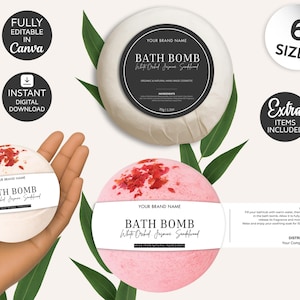 May include: A collection of bath bombs in various colors, including white and pink, with a label that reads "Bath Bomb White Orchid Jasmine Sandalwood." The image also includes text that says "Fully Editable in Canva" and "Instant Digital Download."