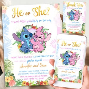 Stitch Gender Reveal Invitation, Personalized Stitch Or Angel Invite, Her Or She?, Digital Download Printable Templates, Evite, Text Invite