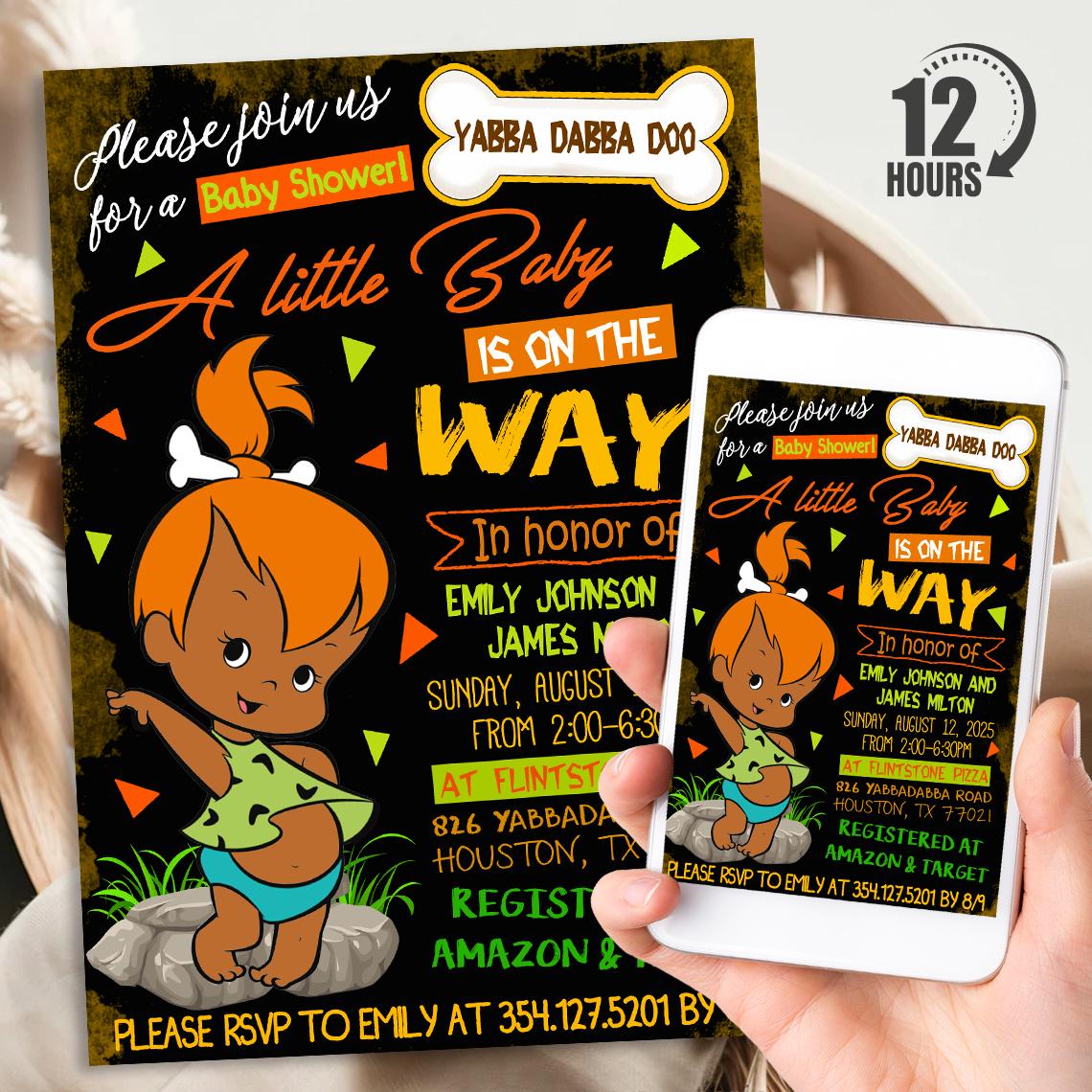 Flintstones Baby Shower Invitation, Personalized Pebbles Baby Shower Bundle, Digital Download And Printable Templates, Evite, Text Invite