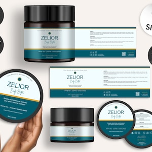 May include: An assortment of ZELIOR Body Butters packaging, including jars and labels. The jars have black lids and teal and white labels. The packaging includes the text "FULLY EDITABLE IN Canva" and "INSTANT DIGITAL DOWNLOAD".