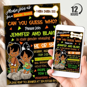 Flintstones Gender Reveal Invitation, Personalized Bam Bam Or Pebbles Invite, Her Or She?, Digital Download Printable Templates, Text, Evite