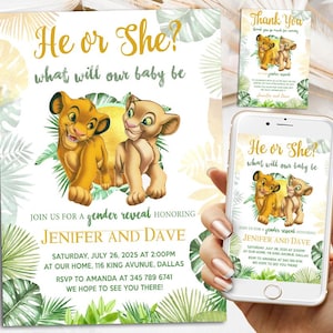 Simba Gender Reveal Invitation, Personalized Simba Or Nala Invite, Her Or She?, Digital Download Printable Templates, Evite, Text Invite
