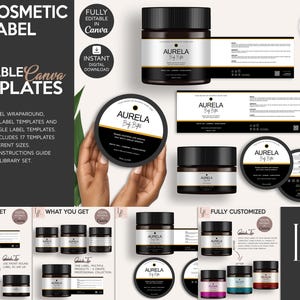 May include: Cosmetic label templates in a digital bundle. The image shows various jar and round labels with the text "AURELA Body Butter" in black and gold. The bundle includes 17 templates across 12 sizes, fully editable in Canva.